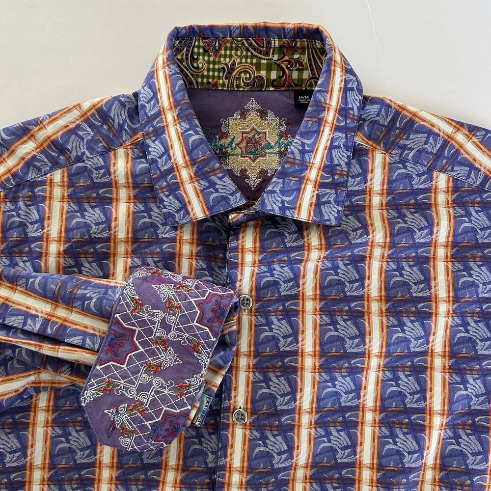 Robert Graham Shirt Mens Sz M Blue Colorful Geometric Plaid Flip Cuffs Luxury